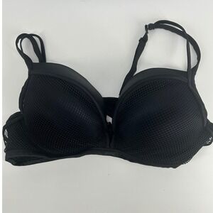Torrid 44C Black Push-Up Plunge Bra Mesh fishnet Detail Sexy Comfort Support‎
